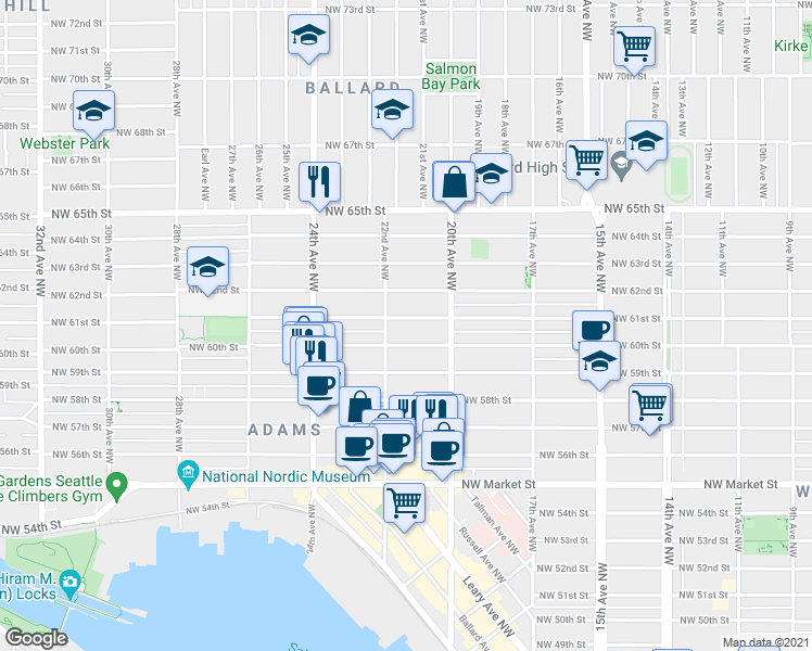 map of restaurants, bars, coffee shops, grocery stores, and more near 2029 Northwest 61st Street in Seattle