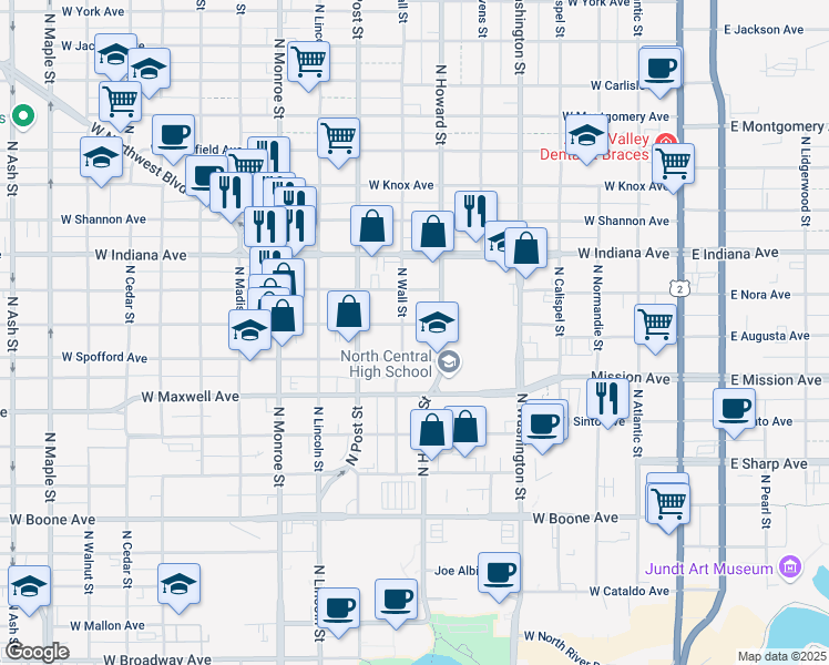 map of restaurants, bars, coffee shops, grocery stores, and more near 623 West Augusta Avenue in Spokane
