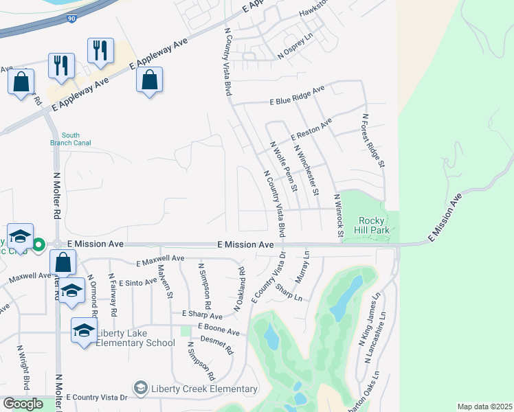 map of restaurants, bars, coffee shops, grocery stores, and more near 1780 North Oakland Road in Liberty Lake