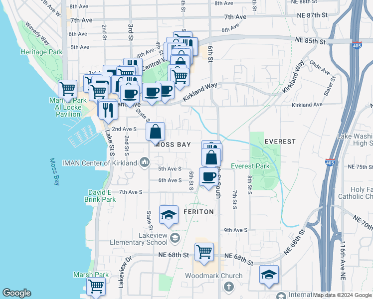 map of restaurants, bars, coffee shops, grocery stores, and more near 444 4th Avenue South in Kirkland