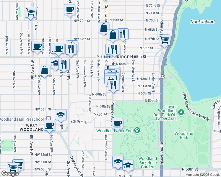 map of restaurants, bars, coffee shops, grocery stores, and more near 6015 Phinney Avenue North in Seattle