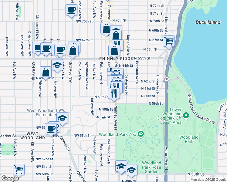 map of restaurants, bars, coffee shops, grocery stores, and more near 6015 Phinney Avenue North in Seattle