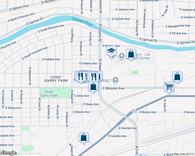 map of restaurants, bars, coffee shops, grocery stores, and more near 3117 East Augusta Avenue in Spokane