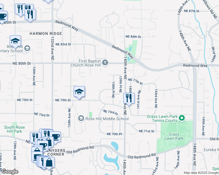 map of restaurants, bars, coffee shops, grocery stores, and more near 13786 Northeast 76th Place in Redmond