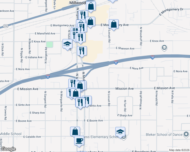 map of restaurants, bars, coffee shops, grocery stores, and more near 1713 North Willow Road in Spokane Valley