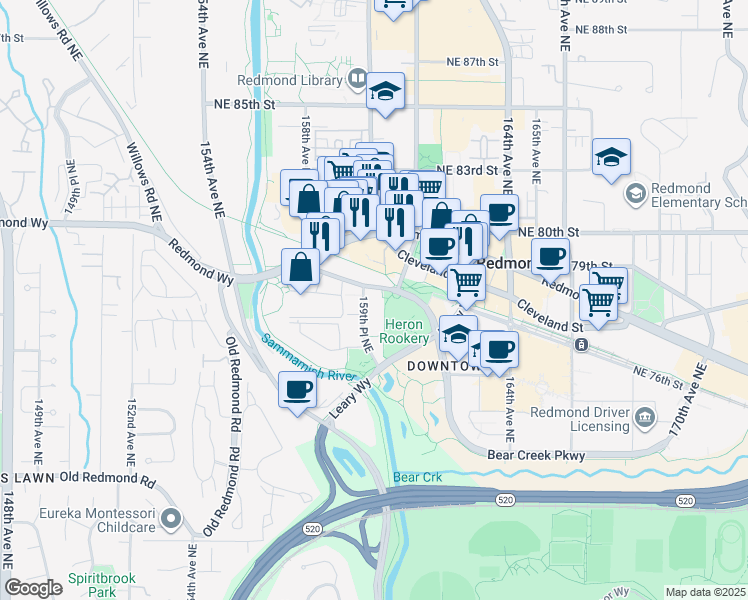 map of restaurants, bars, coffee shops, grocery stores, and more near 7662 159th Place Northeast in Redmond