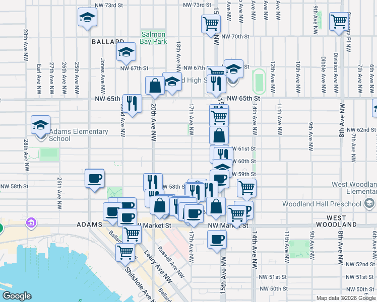 map of restaurants, bars, coffee shops, grocery stores, and more near 6017 17th Avenue Northwest in Seattle