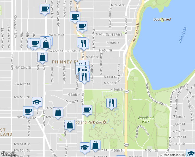 map of restaurants, bars, coffee shops, grocery stores, and more near 519 North 61st Street in Seattle