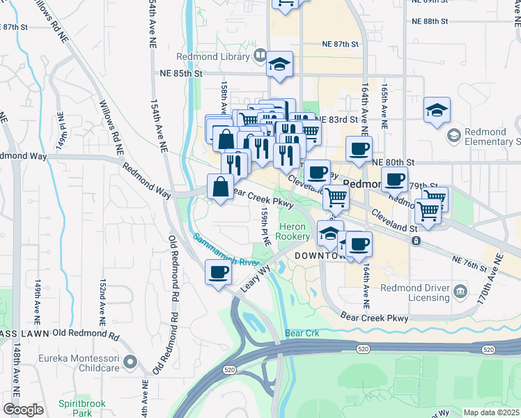 map of restaurants, bars, coffee shops, grocery stores, and more near 7601 159th Place Northeast in Redmond