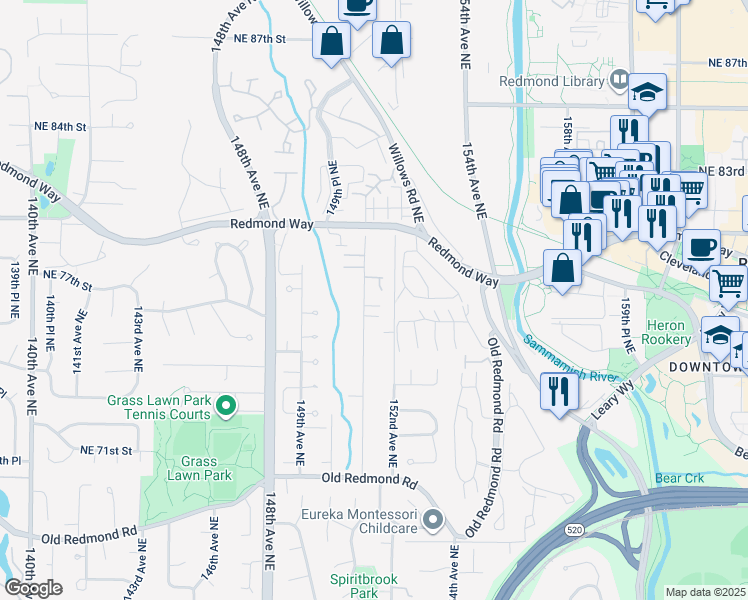 map of restaurants, bars, coffee shops, grocery stores, and more near 7654 151st Ave NE in Redmond