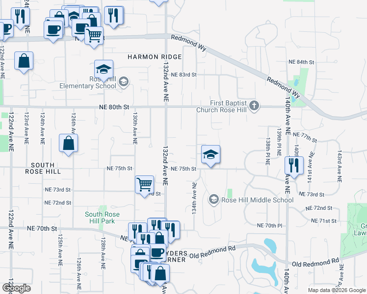 map of restaurants, bars, coffee shops, grocery stores, and more near 13307 Northeast 77th Street in Redmond
