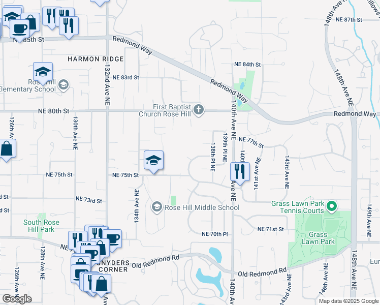 map of restaurants, bars, coffee shops, grocery stores, and more near 13714 Northeast 76th Place in Redmond