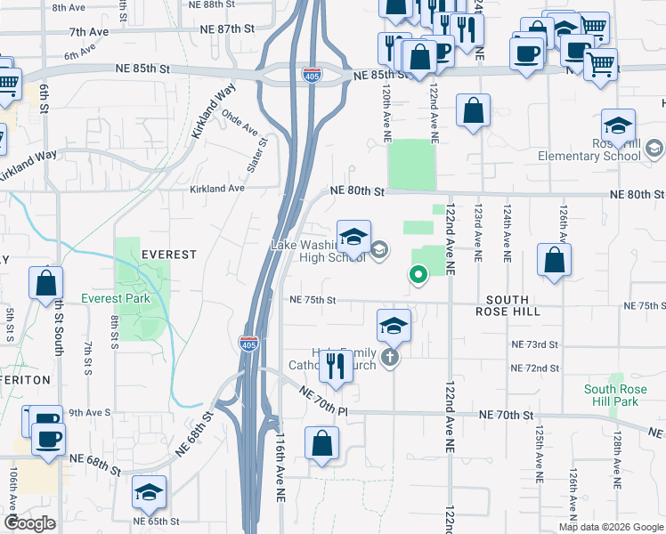 map of restaurants, bars, coffee shops, grocery stores, and more near 11721 Northeast 75th Place in Kirkland