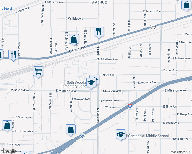 map of restaurants, bars, coffee shops, grocery stores, and more near 1725 North Park Road in Spokane Valley