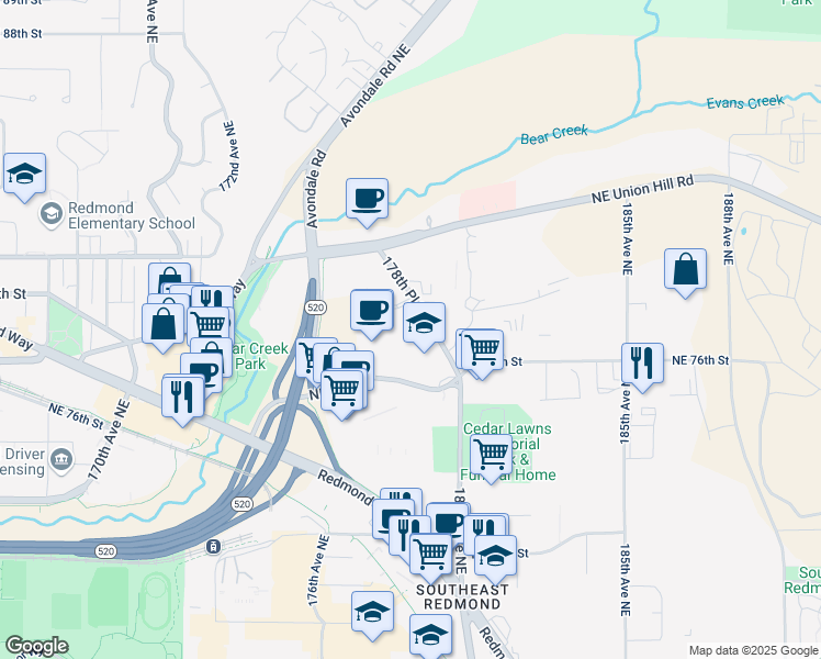 map of restaurants, bars, coffee shops, grocery stores, and more near 7669-7747 178th Place Northeast in Redmond