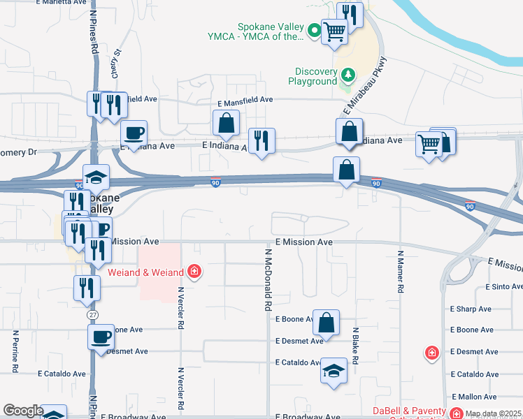 map of restaurants, bars, coffee shops, grocery stores, and more near 13007 East Mission Avenue in Spokane Valley