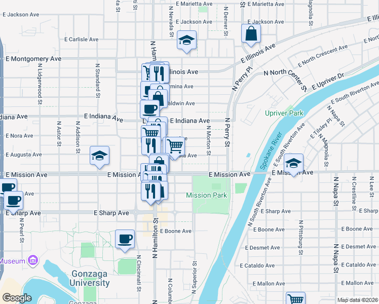 map of restaurants, bars, coffee shops, grocery stores, and more near 1101 East Augusta Avenue in Spokane