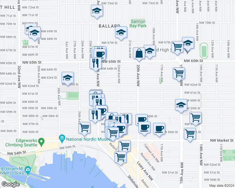 map of restaurants, bars, coffee shops, grocery stores, and more near 6027 22nd Avenue Northwest in Seattle