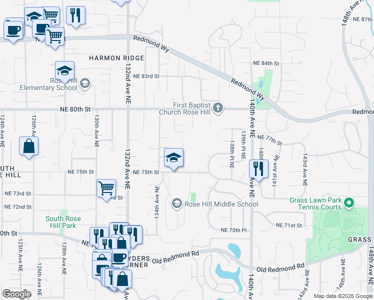 map of restaurants, bars, coffee shops, grocery stores, and more near 7624 135th Place Northeast in Redmond