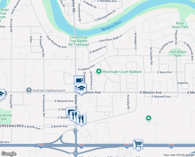 map of restaurants, bars, coffee shops, grocery stores, and more near 18917 East Augusta Lane in Spokane Valley