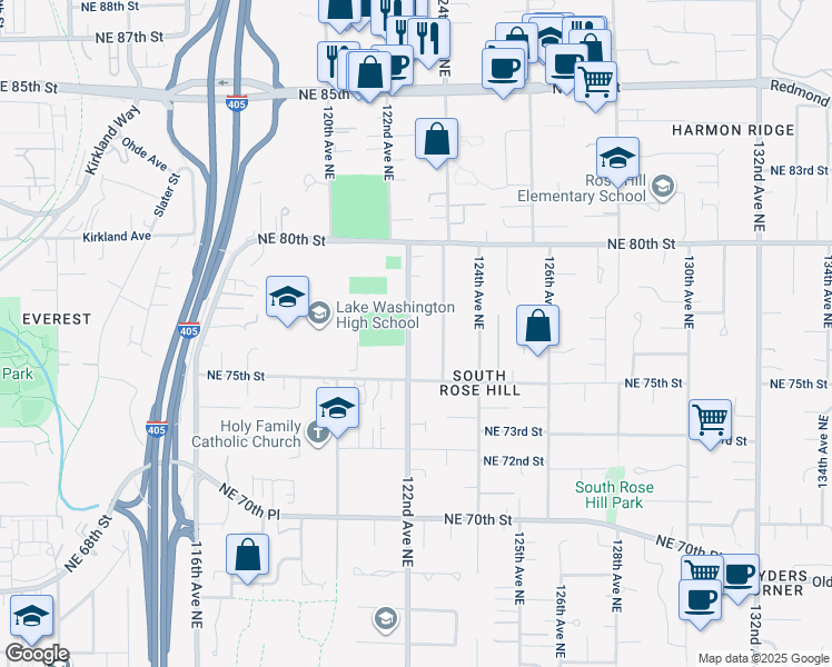 map of restaurants, bars, coffee shops, grocery stores, and more near 7544 122nd Avenue Northeast in Kirkland