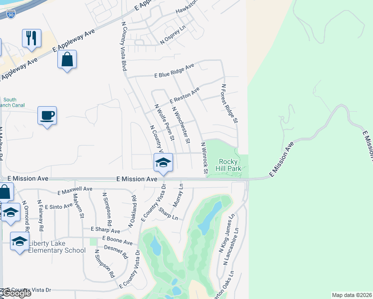 map of restaurants, bars, coffee shops, grocery stores, and more near 1779 North Winchester Street in Liberty Lake