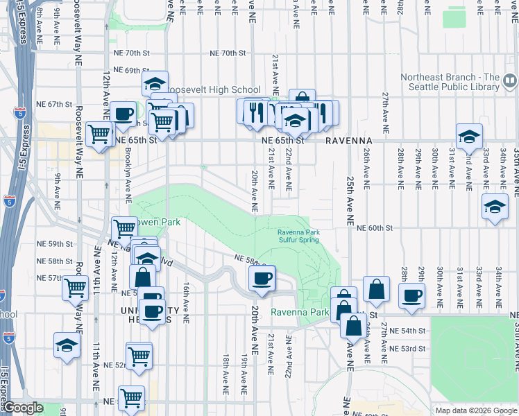 map of restaurants, bars, coffee shops, grocery stores, and more near 6111 21st Avenue Northeast in Seattle