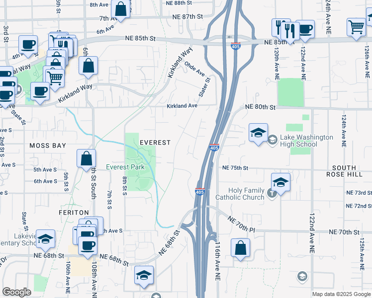 map of restaurants, bars, coffee shops, grocery stores, and more near 7615 115th Place Northeast in Kirkland
