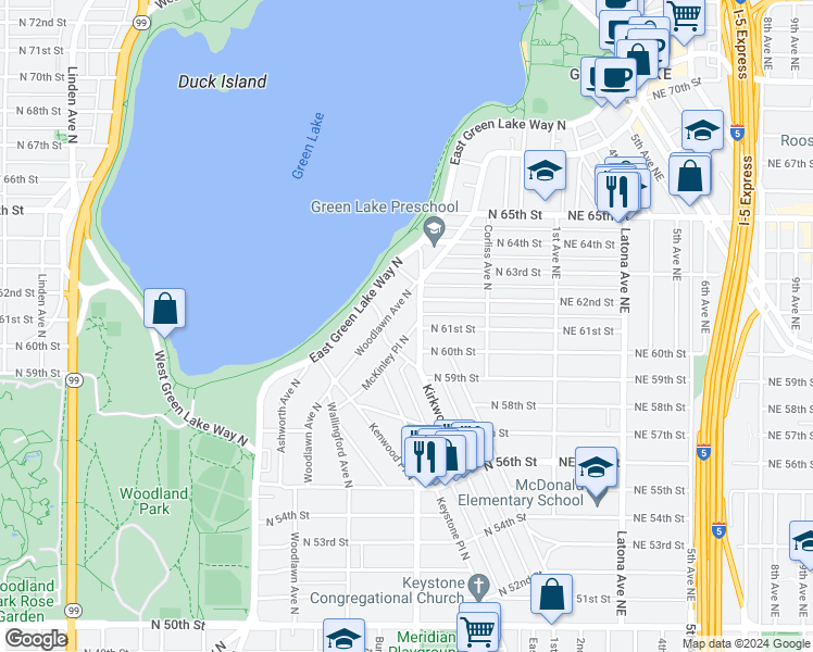 map of restaurants, bars, coffee shops, grocery stores, and more near 6023 McKinley Place North in Seattle