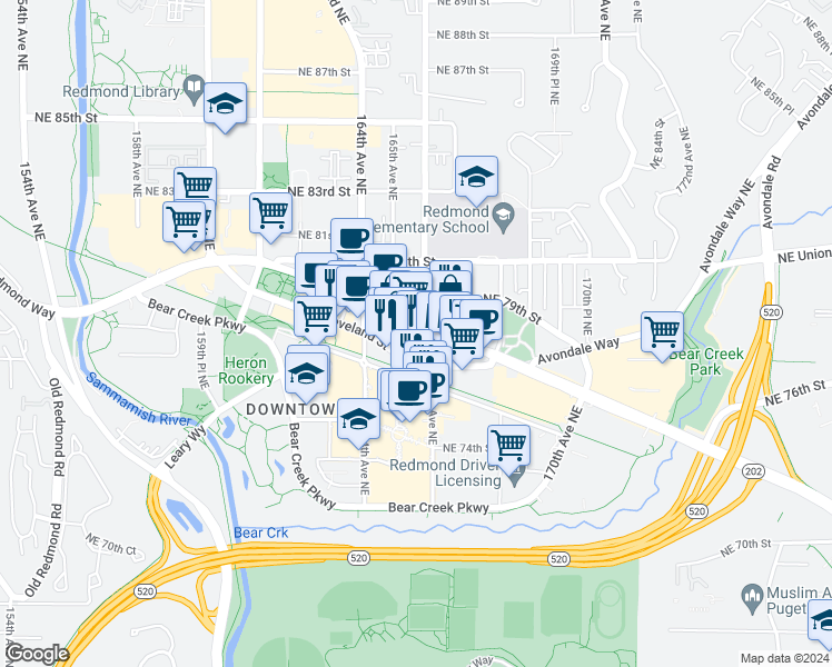map of restaurants, bars, coffee shops, grocery stores, and more near 16519 Redmond Way in Redmond