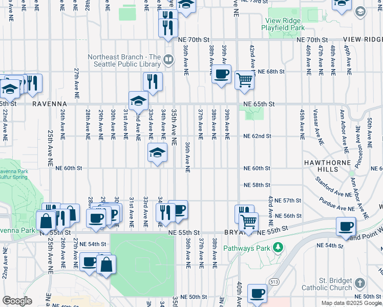 map of restaurants, bars, coffee shops, grocery stores, and more near 6026 36th Avenue Northeast in Seattle