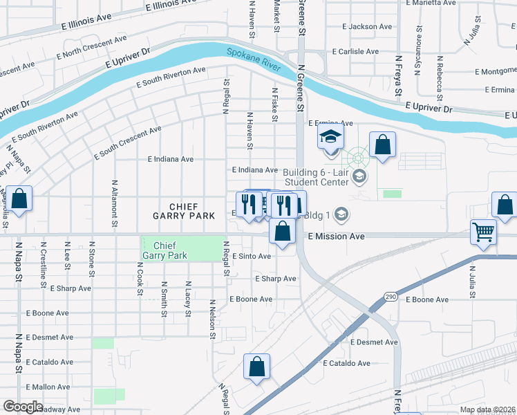 map of restaurants, bars, coffee shops, grocery stores, and more near 3015 East Augusta Avenue in Spokane
