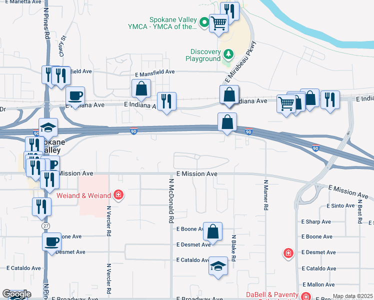 map of restaurants, bars, coffee shops, grocery stores, and more near 13303 East Mission Avenue in Spokane Valley