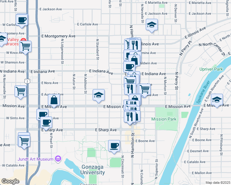 map of restaurants, bars, coffee shops, grocery stores, and more near 707 East Augusta Avenue in Spokane