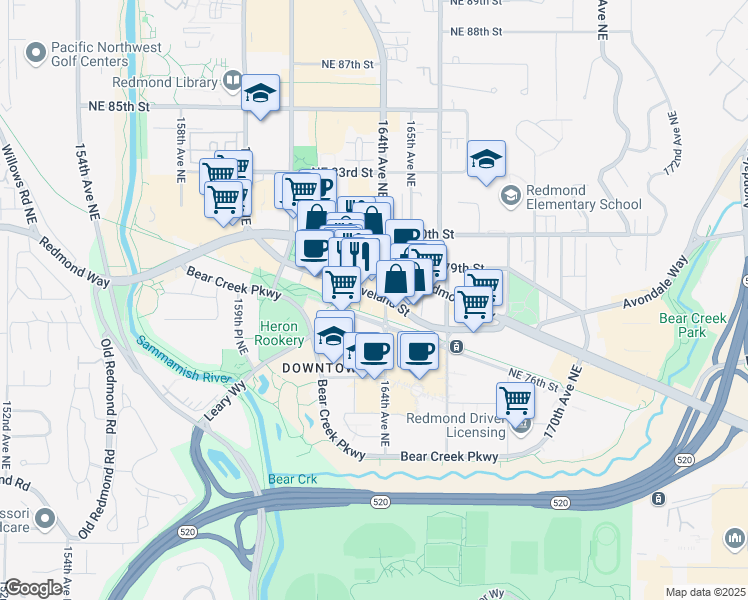 map of restaurants, bars, coffee shops, grocery stores, and more near 7800 Gilman Street in Redmond