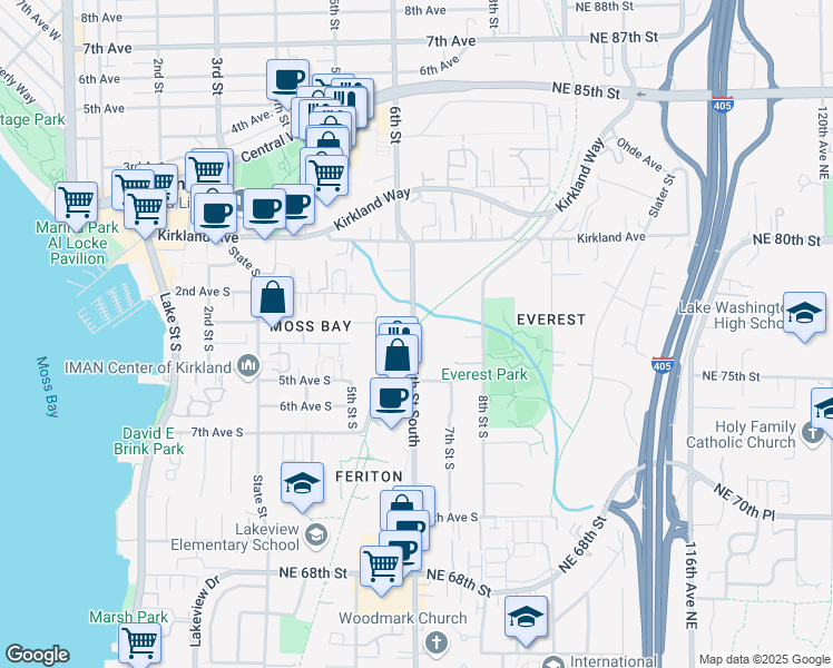 map of restaurants, bars, coffee shops, grocery stores, and more near 402 6th Street South in Kirkland
