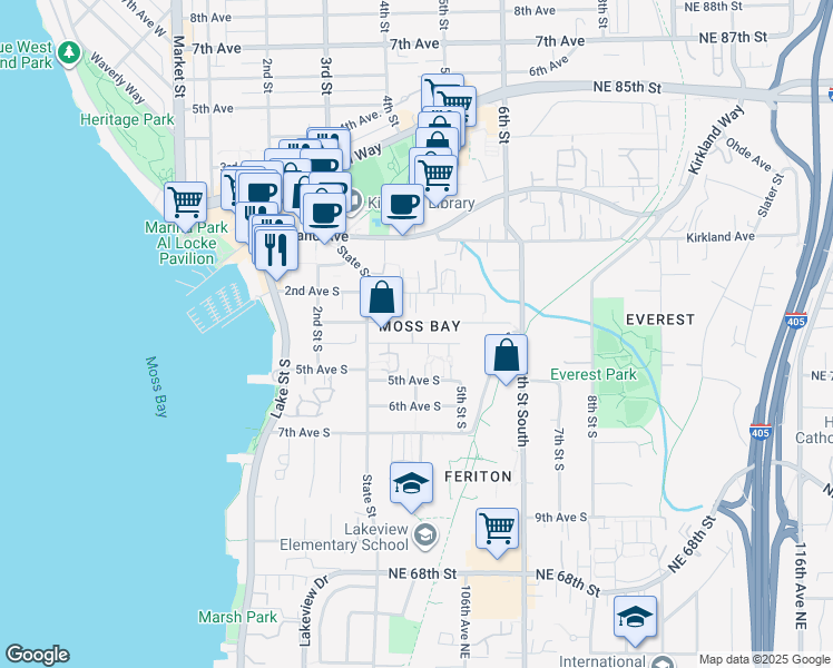 map of restaurants, bars, coffee shops, grocery stores, and more near 350 4th Avenue South in Kirkland
