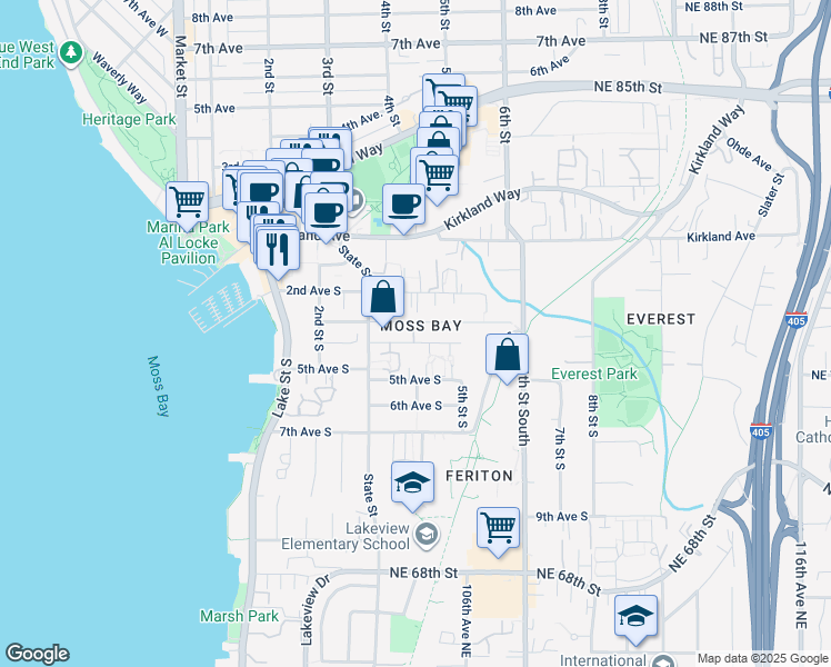 map of restaurants, bars, coffee shops, grocery stores, and more near 350 4th Avenue South in Kirkland