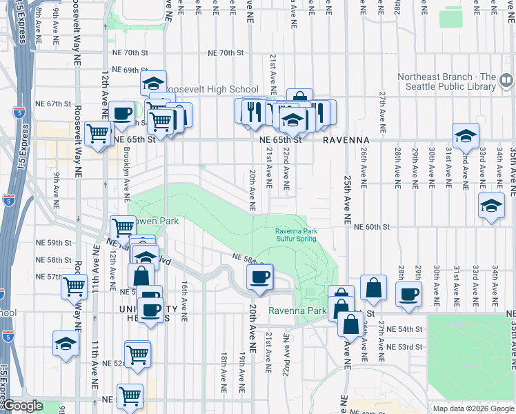 map of restaurants, bars, coffee shops, grocery stores, and more near 6111 21st Avenue Northeast in Seattle