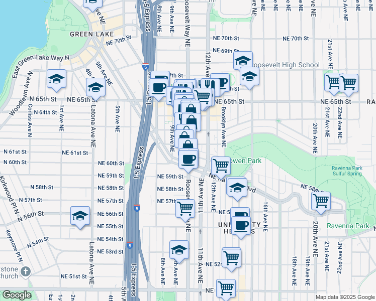 map of restaurants, bars, coffee shops, grocery stores, and more near 6105a Roosevelt Way Northeast in Seattle