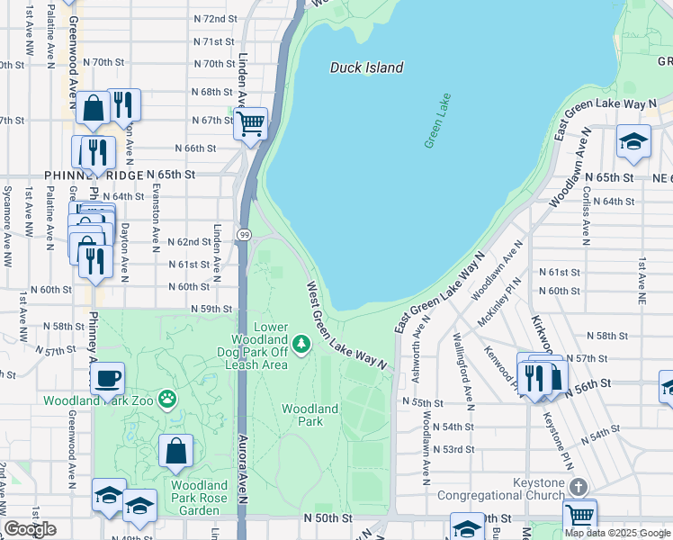 map of restaurants, bars, coffee shops, grocery stores, and more near 5000 Green Lake Trail in Seattle