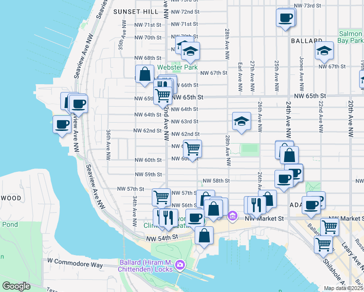 map of restaurants, bars, coffee shops, grocery stores, and more near 3032 Northwest 61st Street in Seattle