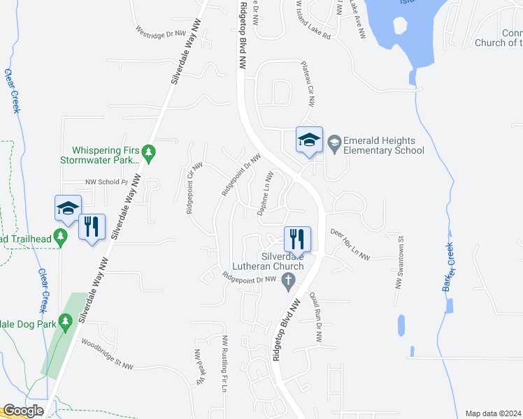 map of restaurants, bars, coffee shops, grocery stores, and more near 12101 Daphne Lane Northwest in Silverdale