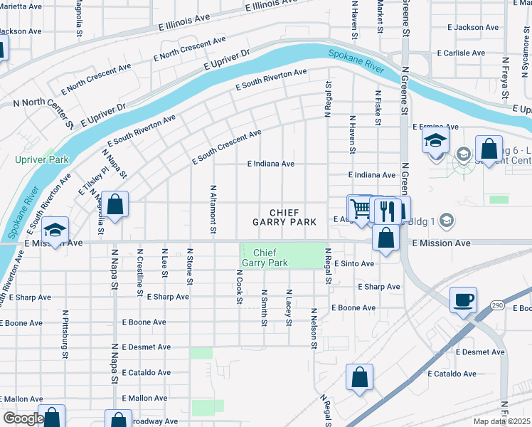 map of restaurants, bars, coffee shops, grocery stores, and more near 1608 N Smith St in Spokane