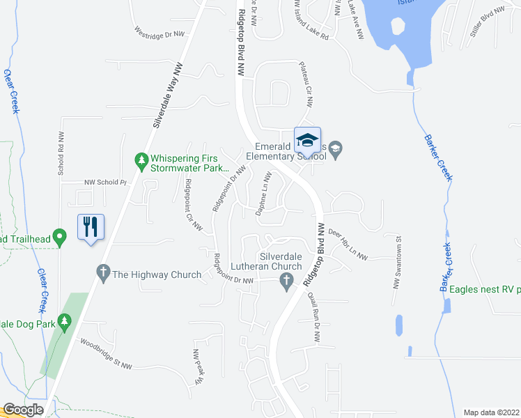 map of restaurants, bars, coffee shops, grocery stores, and more near 12101 Daphne Lane Northwest in Silverdale