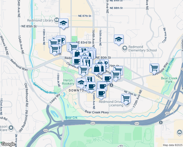 map of restaurants, bars, coffee shops, grocery stores, and more near 16325 Cleveland Street in Redmond