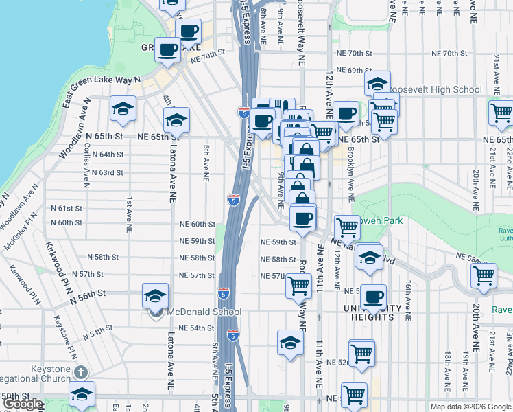 map of restaurants, bars, coffee shops, grocery stores, and more near 6027 8th Avenue Northeast in Seattle