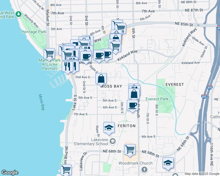 map of restaurants, bars, coffee shops, grocery stores, and more near 350 4th Avenue South in Kirkland