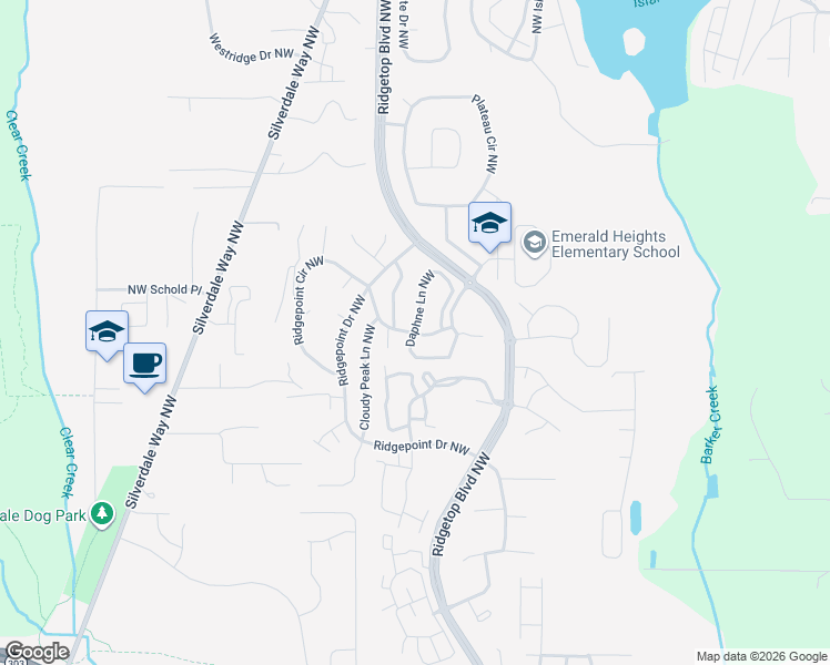 map of restaurants, bars, coffee shops, grocery stores, and more near 12100 Daphne Lane Northwest in Silverdale