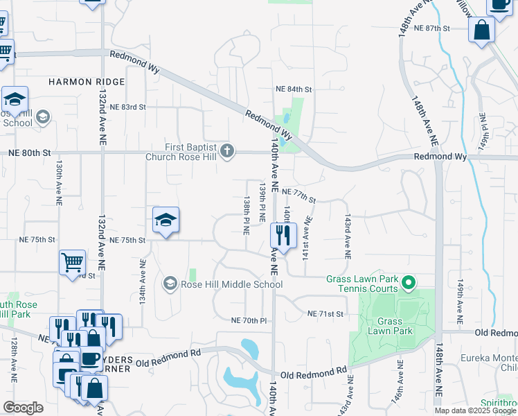 map of restaurants, bars, coffee shops, grocery stores, and more near 7627 139th Place Northeast in Redmond